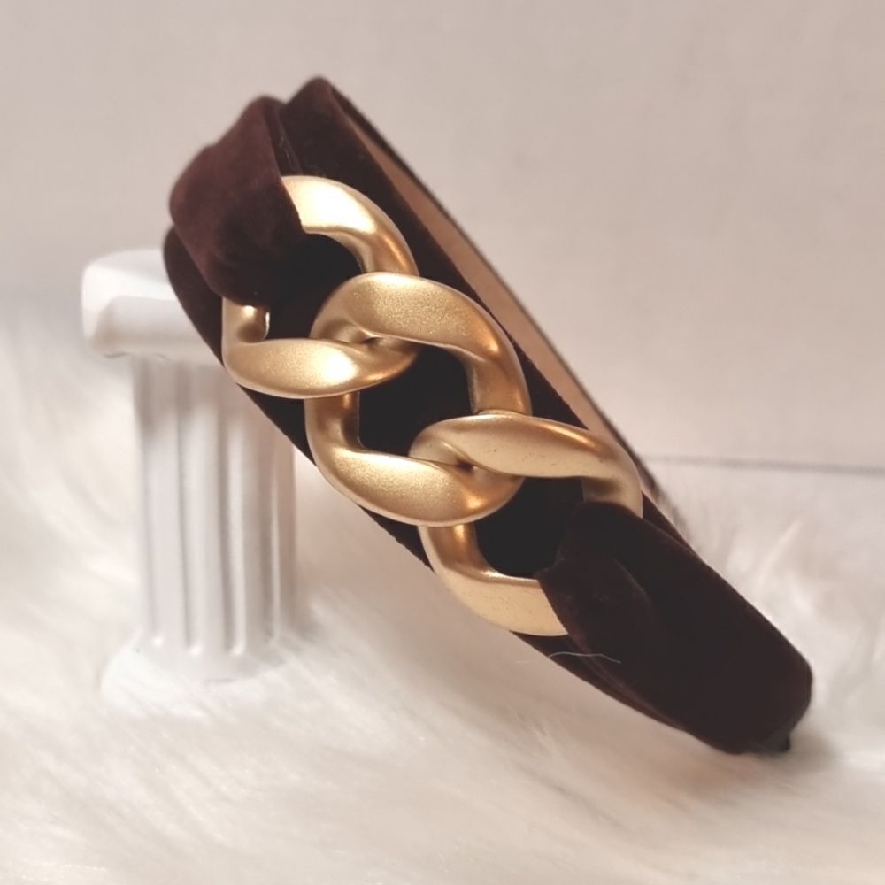 Gold Link Brown Velvet Headband | NWOT